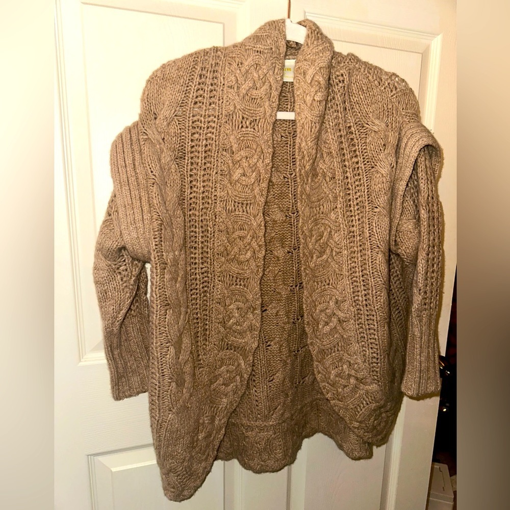 Maeve Anthropologie tan cashmere Cable Knit open Cardigan S fall winter